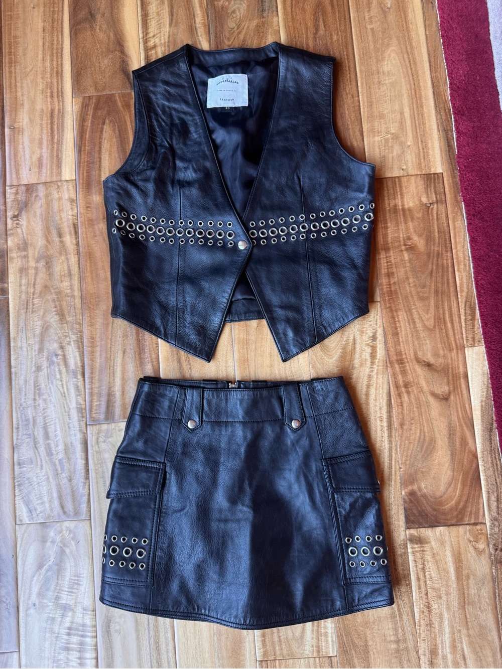 NWT Understated Leather Black Leather Grommet Vest & Mini Skirt Set